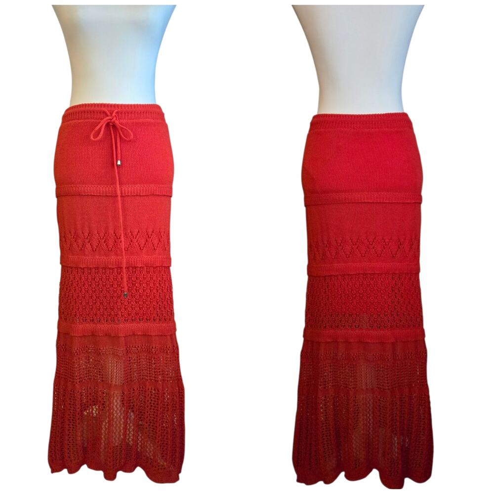 Boho Crochet Tiered Maxi Skirt XS Orange Lined Festival Vacation Solitaire NWT